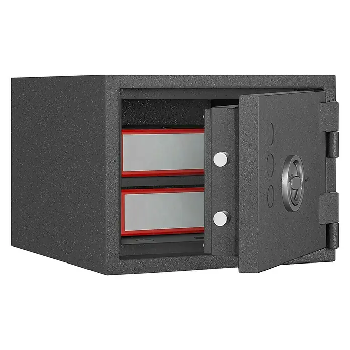 Format Feuerschutztresor PSL 2 - Doppelbart-Hochsicherheitsschloss, L x B x H: 450 x 430 x 325 mm - Abgebildet ist ein grauer Tresor mit offener Tür. Im Inneren befinden sich zwei Ablagefächer mit roten Rändern.