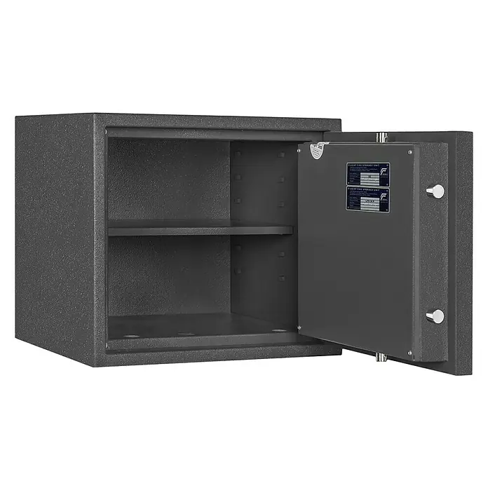 Format Feuerschutztresor PSL 3 - Doppelbart-Hochsicherheitsschloss, L x B x H: 450 x 505 x 450 mm - Ein geöffneter Tresor mit zwei Regalböden, ideal für die sichere Aufbewahrung von Wertsachen und Dokumenten.