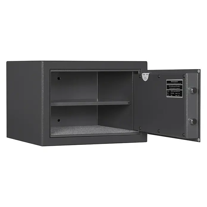Format Möbeltresor M 410 E - L x B x H: 380 x 420 x 300 mm, Elektronisches Zahlenschloss - Abgebildeter Safe mit offener Tür und zwei Regalböden. Ideal für die sichere Aufbewahrung von Wertgegenständen.