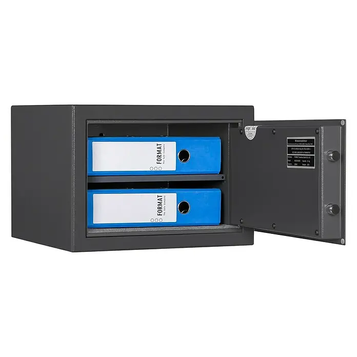 Format Möbeltresor M 410 E - L x B x H: 380 x 420 x 300 mm, Elektronisches Zahlenschloss - Grauer Tresor der Marke Format, geöffnet mit zwei blauen Ordnern im Inneren, ideal für die sichere Aufbewahrung wichtiger Dokumente.