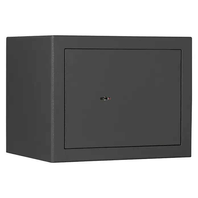 Format Möbeltresor M 310 - L x B x H: 300 x 350 x 280 mm, Doppelbart-Hochsicherheitsschloss - Grauer Safe mit einer Tür und einem kleinen Schloss für sichere Aufbewahrung von Wertgegenständen.