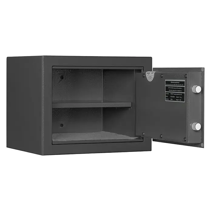 Format Möbeltresor M 310 - L x B x H: 300 x 350 x 280 mm, Doppelbart-Hochsicherheitsschloss - Offener grauer Tresor mit Einlegeböden im Inneren, der Sicherheit und Schutz für Wertgegenstände bietet.
