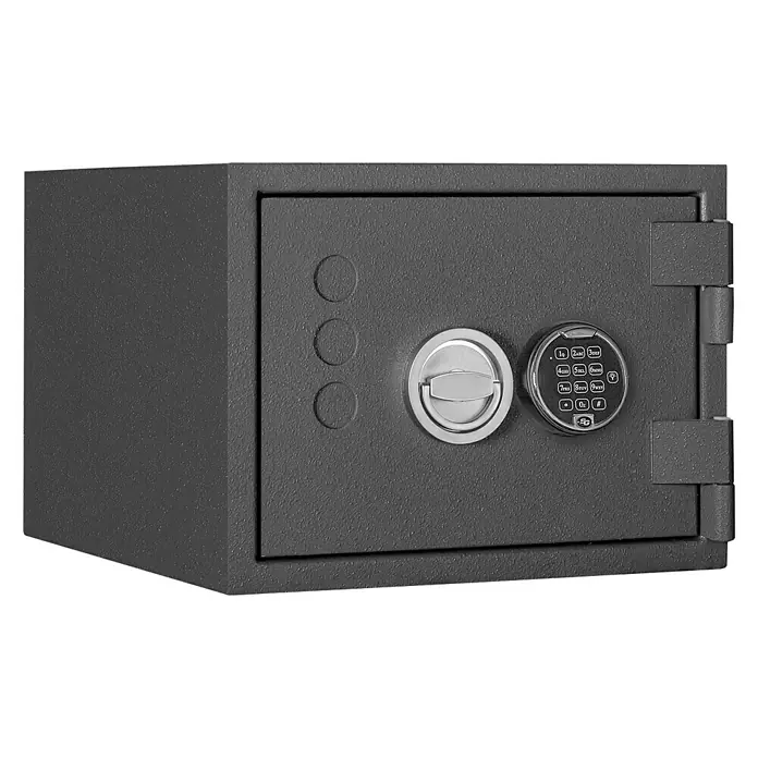 Format Feuerschutztresor PSL 2 E - Elektronikschloss S&G Spartan 1006, L x B x H: 450 x 430 x 325 mm - Bild eines grauen Tresors mit digitalem Zahlenschloss und rundem Griff, ideal zur sicheren Aufbewahrung von Wertgegenständen.