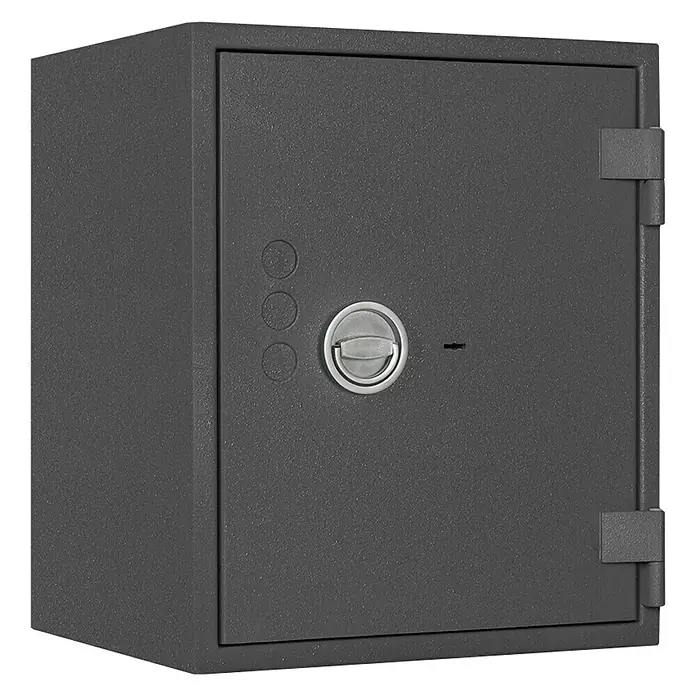 Format Feuerschutztresor PSL 4 - Doppelbart-Hochsicherheitsschloss, L x B x H: 450 x 505 x 605 mm - Nahaufnahme eines robusten grauen Tresors mit Schloss und Scharnieren, ideal zur sicheren Aufbewahrung von Wertsachen.
