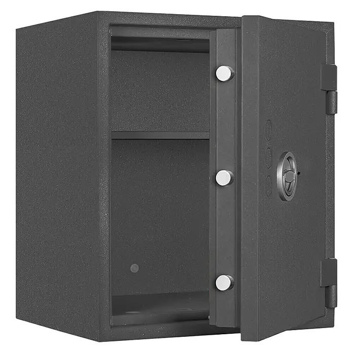 Format Feuerschutztresor PSL 4 - Doppelbart-Hochsicherheitsschloss, L x B x H: 450 x 505 x 605 mm - Abgebildeter Safe mit offener Tür, Innenraum mit Fachboden. Ideal zur sicheren Aufbewahrung von Wertsachen und Dokumenten.