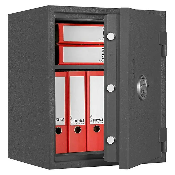 Format Feuerschutztresor PSL 4 - Doppelbart-Hochsicherheitsschloss, L x B x H: 450 x 505 x 605 mm - Bild eines geöffneten Tresors mit roten Aktenordnern. Der Tresor bietet Sicherheit und Ordnung für wichtige Dokumente im Büro.
