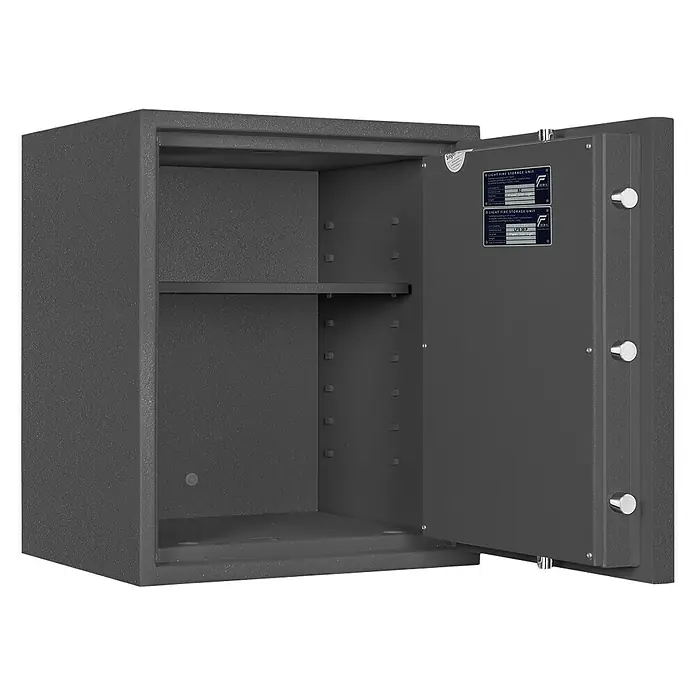 Format Feuerschutztresor PSL 4 - Doppelbart-Hochsicherheitsschloss, L x B x H: 450 x 505 x 605 mm - Das Bild zeigt einen Tresor mit offener Tür, der ein Fach und Verankerungslöcher zeigt. Er bietet Sicherheit und Schutz vor unbefugtem Zugriff.