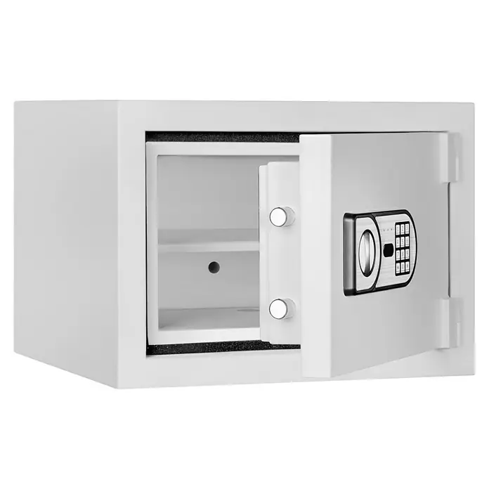 Format Feuerschutztresor Fire Safe Light - L x B x H: 33,5 x 46 x 45,2 cm, Elektronisches Zahlenschloss, 20 l - Offener, weißer Sicherheitsschrank mit elektronischem Schloss und zwei Riegeln. Der Safe ist mit einem schwarzen Schaumstoff ausgelegt.