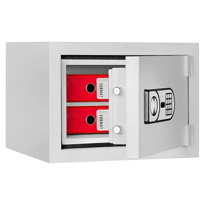 Format Feuerschutztresor Fire Safe Light - L x B x H: 33,5 x 46 x 45,2 cm, Elektronisches Zahlenschloss, 20 l - Das Bild zeigt einen weißen Tresor mit geöffneter Tür, in dem sich zwei rote Aktenordner der Marke Format befinden.