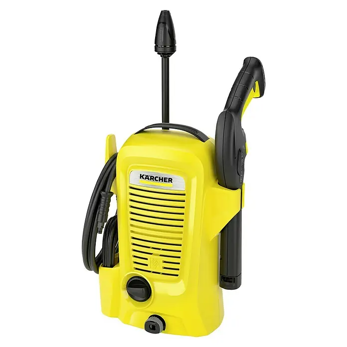 Kärcher Hidrolimpiadora de alta presión K 2 Universal Edition - 110 bar, 1.400 W, Capacidad de bombeo: 360 l/h - Imagen de una hidrolimpiadora Kärcher amarilla. Cuenta con un asa negra y una boquilla, ideal para tareas de limpieza al aire libre.