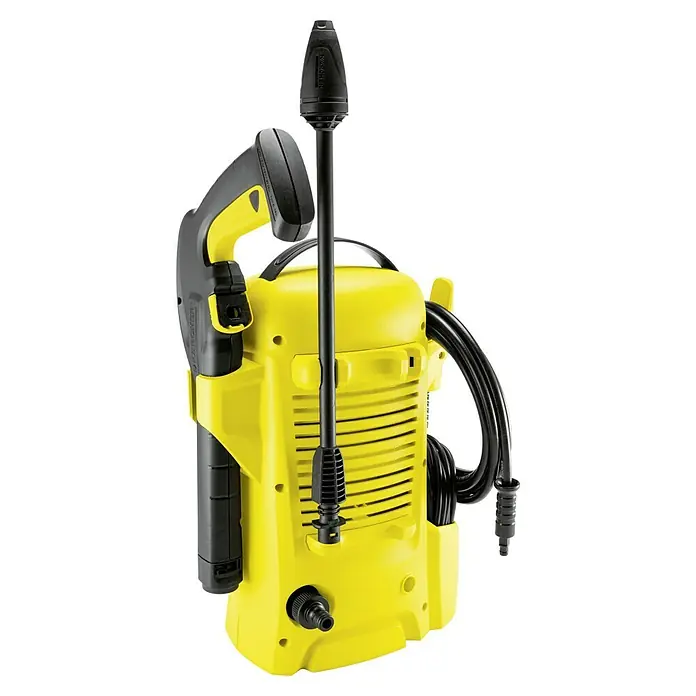 Kärcher Hidrolimpiadora de alta presión K 2 Universal Edition - 110 bar, 1.400 W, Capacidad de bombeo: 360 l/h - Hidrolimpiadora amarilla Kärcher con mango y boquilla negros, sobre un fondo negro.