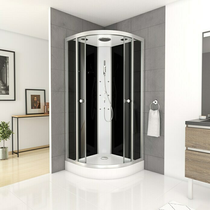 Cabina de ducha cuadrada con medio cristal y ducha negra y asa