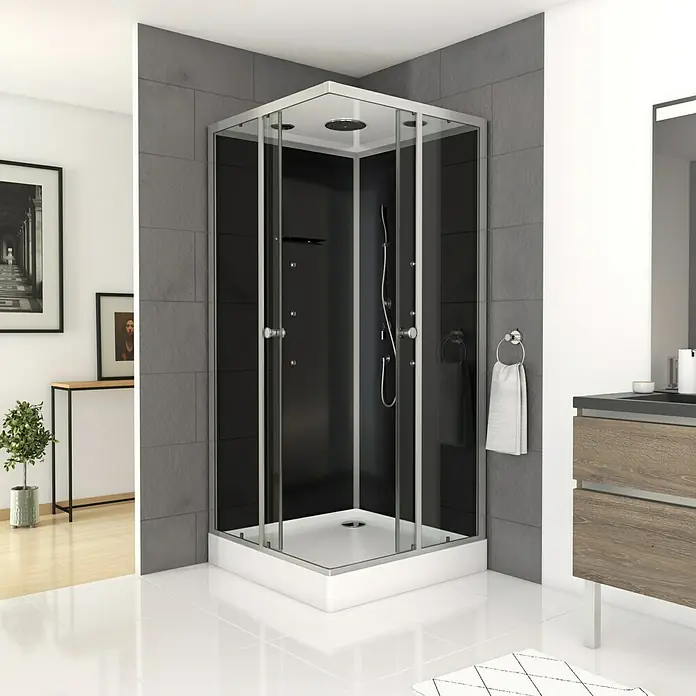 Aurlane Cabina de ducha completa Vitamine Black Square - 90 x 90 x 215 cm, Negro Gris Plata - Imagen de una moderna cabina de ducha cuadrada con paredes de vidrio oscuro y marcos cromados en un baño elegante.