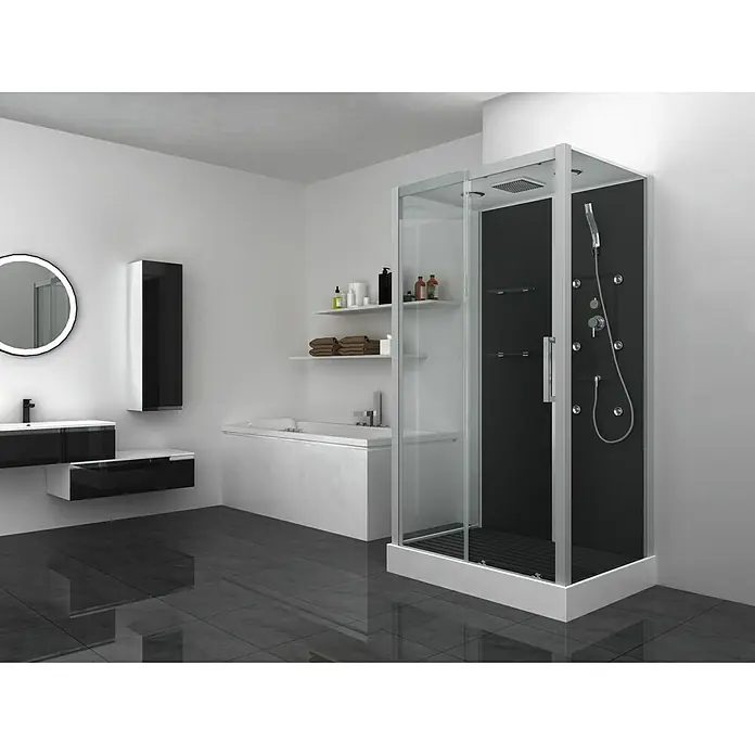 Aurlane Cabina de ducha completa Atrium 2 - 85 x 115 x 215 cm, Negro Gris Plata - Un baño moderno con una elegante cabina de ducha negra con vidrio, un elegante lavabo con espejo y una bañera, creando un ambiente minimalista y elegante.