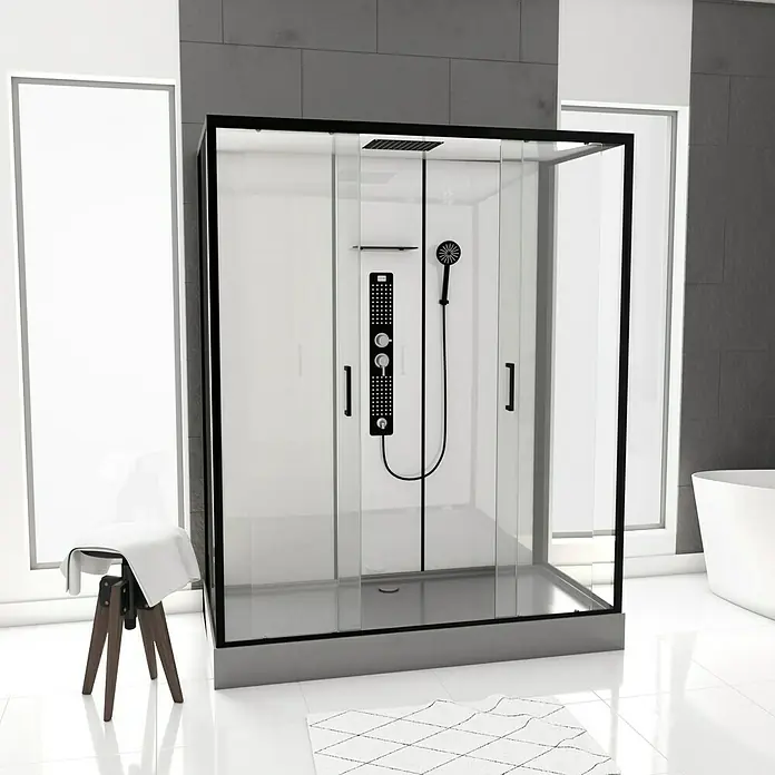 Aurlane Komplettdusche Indus - 160 x 70 x 215 cm, Anthrazit/Silbergrau - Ein stilvolles, modernes Duschpaneel mit Regendusche und Handbrause, eingebettet in einer eleganten Duschkabine mit schwarzem Rahmen.