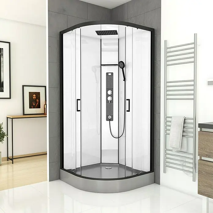 Aurlane Designdusche Indus90 x 90 x 215 cm, Gebogen, Anthrazit/Silbergrau - Bild einer Duschkabine mit schwarzem Rahmen und Handtuchwärmer im Badezimmer.