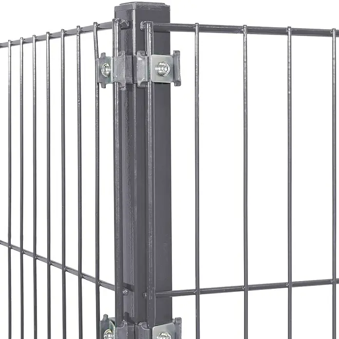 Peddy Shield Zaun-Set ESM - 2 x 0,8 m, Anthrazit, 2 -tlg., Eckanbau - Nahaufnahme eines grauen Metallzauns mit quadratischen Maschen und Befestigungsclips, der Stabilität und Sicherheit bietet.