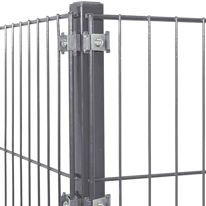 Peddy Shield Eckpfosten - Höhe: 50 cm - Detailaufnahme eines stabilen, grauen Doppelstabmattenzauns, der Sicherheit und Langlebigkeit vereint. Ideal zur Grundstückseinfassung.