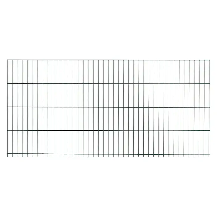 Peddy Shield Zaun-Set ESM - 2 x 1,25 m, Grün, 31 -tlg., Pfosten zur Bodenmontage - Abbildung eines grünen Doppelstabmattenzauns. Der Zaun ist eine robuste und langlebige Lösung für die Grundstückseinfriedung.