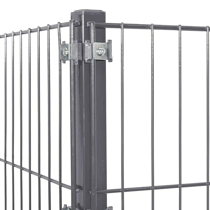 Peddy Shield Zaun-Set - 200 x 83 cm, Anthrazit, Mit Eckpfosten zum Aufschrauben - Nahaufnahme eines Doppelstabmattenzauns mit Pfostenbefestigung, die die Stabilität und Sicherheit des Zauns gewährleisten.