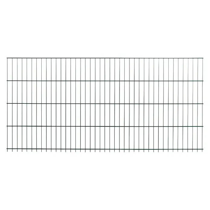 Peddy Shield Zaun-Set ESM II - L x H: 2 x 1,25 m, Grün, Montageart: Einbetonieren - Nahaufnahme eines grünen Drahtzauns. Der Zaun besteht aus vertikalen und horizontalen Drähten, die ein regelmäßiges Gittermuster bilden.