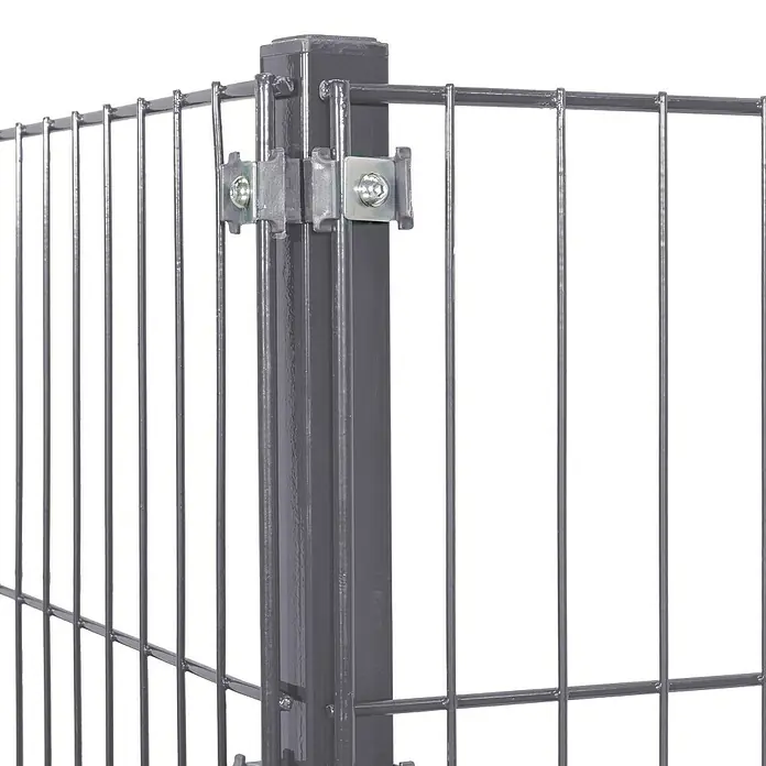 Peddy Shield Zaun-Set - 200 x 100 cm, Anthrazit, Mit Eckpfosten zum Aufschrauben - Nahaufnahme eines grauen Doppelstabmattenzauns, der Stabilität und Sicherheit für jedes Grundstück bietet.