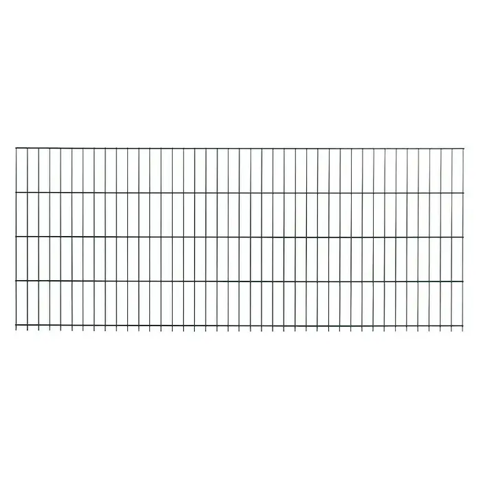 Peddy Shield Zaun-Set DSM - 2 x 1,23 m, Grün, 21 -tlg. - Bild eines grünen Doppelstabmattenzauns, der Stabilität und Sicherheit für Gärten und Grundstücke bietet. Ideal zur Abgrenzung.