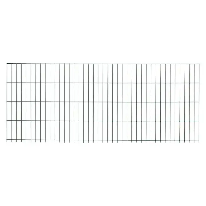 Peddy Shield Zaun-Set DSM - 2 x 1,23 m, Grün, 21 -tlg., Mit Montageplatte - Abbildung eines Doppelstabmattenzauns. Der Zaun ist grün und besteht aus horizontalen und vertikalen Drähten, die ein regelmäßiges Gittermuster bilden.