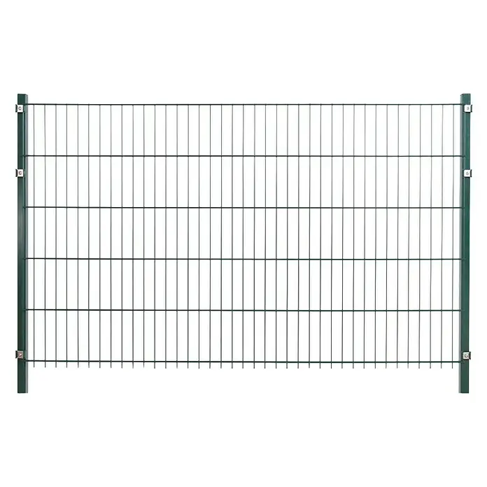 Peddy Shield Zaun-Set - 200 x 100 cm, Grün, Mit Eckpfosten und zum Einbetonieren - Bild einer Doppelstabmatte, die für Zäune und als Sichtschutz im Garten verwendet wird. Die grüne Farbe passt gut zu Pflanzen.