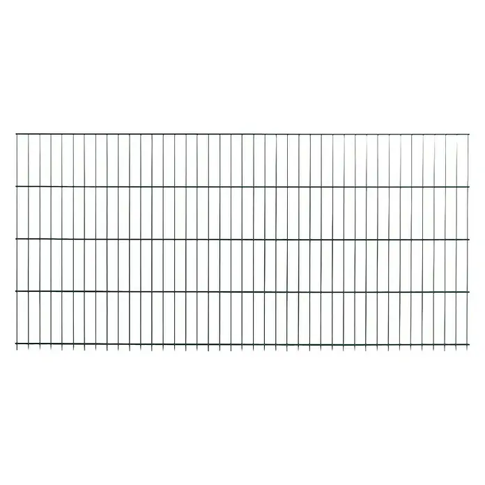 Peddy Shield Zaun-Set DSM - B x H: 2 x 1,03 m, Grün, 11 -tlg. - Ein grüner Doppelstabmattenzaun, bestehend aus horizontalen und vertikalen Metalldrähten, die ein regelmäßiges Gittermuster bilden. Perfekt für die Grundstücksbegrenzung.