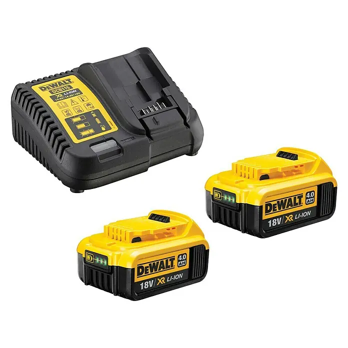 DeWalt XR 18V Akku & Ladegerät DCB115M2 - 18 V, 2 Akkus, 4 Ah, Li-Ionen - Ein DeWalt DCB115 Ladegerät zusammen mit zwei DeWalt 18V XR Li-Ion Akkus mit 4.0 Ah Kapazität sind auf dem Bild zu sehen.