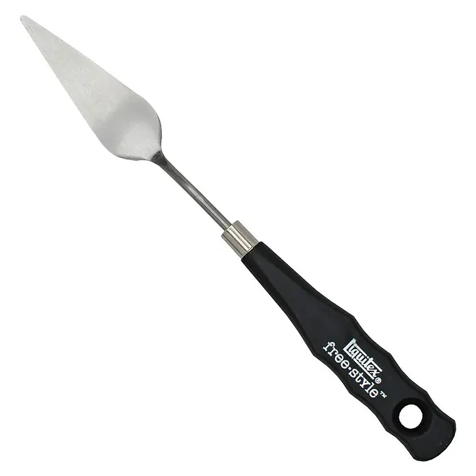 Liquitex Professional Malmesser Traditional Knife - Nr. 14 - Nahaufnahme eines Liquitex Freestyle Malmessers mit einer schmalen, spitz zulaufenden Klinge und einem schwarzen Griff.