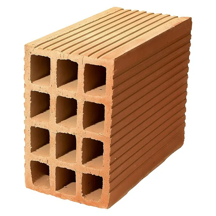 BHS Mallorca Ladrillo hueco H-12 - 12 x 24 cm, Rojo - Un único ladrillo de terracota con perforaciones, ideal para proyectos de construcción.