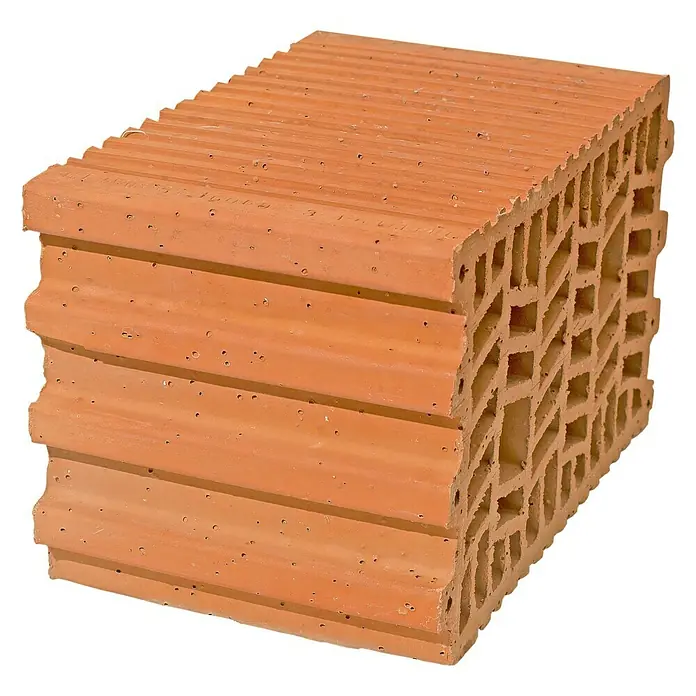 BHS Mallorca Ladrillo Termoarcilla - 19 x 30 cm, Rojo - Primer plano de un ladrillo Poroton con estructura porosa y superficie acanalada, ideal para la construcción energéticamente eficiente.