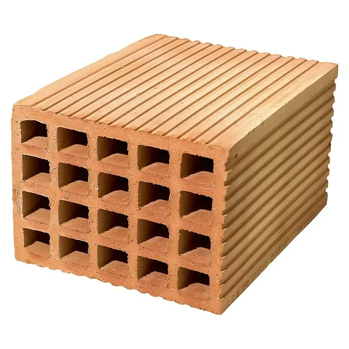 BHS Mallorca Ladrillo hueco H-20 - 14 x 24 cm, Rojo - Un ladrillo de arcilla aislante con ranuras, utilizado para construir casas energéticamente eficientes.