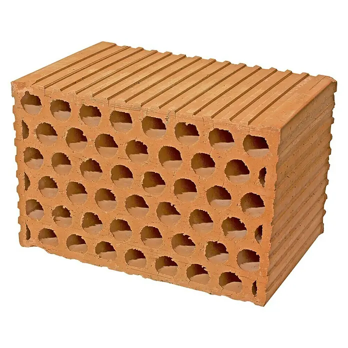 BHS Mallorca Ladrillo panal - 19 x 29 cm, Rojo - Primer plano de un ladrillo Poroton con agujeros. Está hecho de arcilla cocida y tiene ranuras en la parte superior.