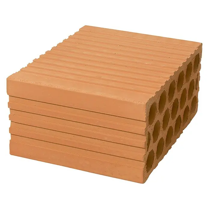 BHS Mallorca Ladrillo panal - 11,5 x 24 cm, Rojo - La imagen muestra una pila de ladrillos rojos con agujeros. Los ladrillos son rectangulares y tienen ranuras en la superficie para adherencia.