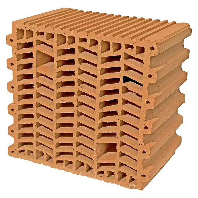 BHS Mallorca Ladrillo Termoarcilla - 29 x 30 cm, Rojo - Primer plano de un ladrillo Poroton, mostrando su estructura interna única con cámaras de aire para aislamiento térmico.