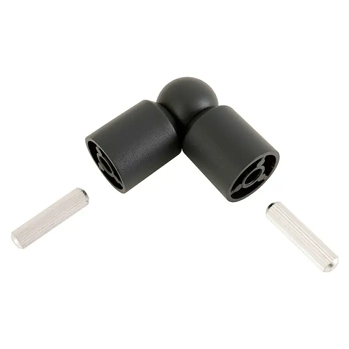Codo de 90º a 180º para pasamanos Negro - Diámetro: 40 mm, Aluminio - Primer plano de un conector de junta negro con dos clavijas. Ideal para la construcción de muebles y proyectos de bricolaje.