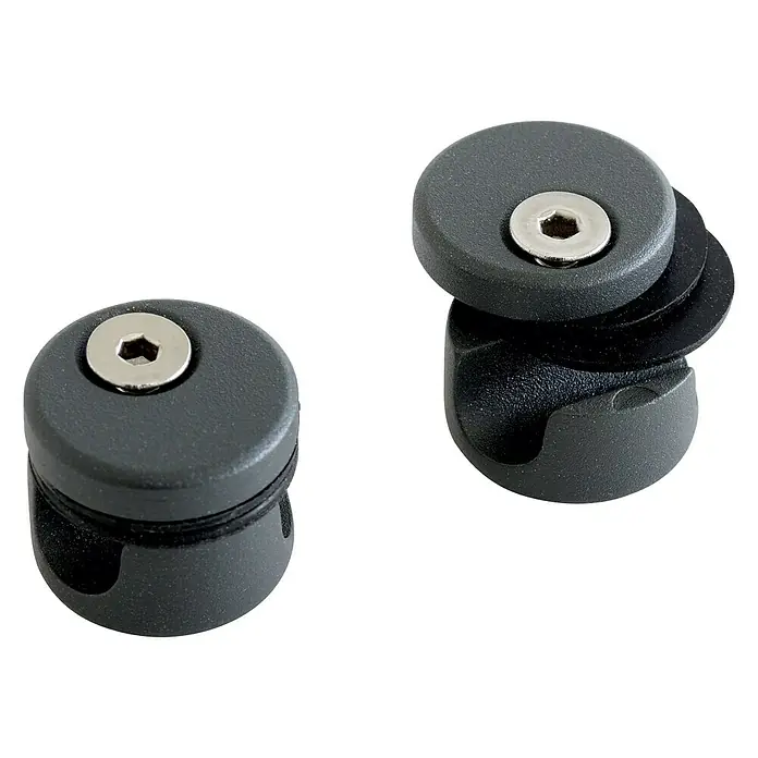 Soporte de panel protector Negro - Barandilla - Primer plano de dos clips de cable grises con tornillos Allen. Ideal para una gestión ordenada de los cables en la oficina o en casa.