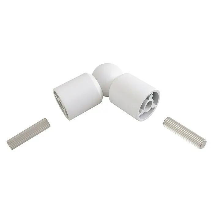 Codo de 90º a 180º para pasamanos Blanco - Diámetro: 40 mm, Aluminio - Primer plano de conectores de plástico blanco y pasadores de metal, utilizados para ensamblaje de muebles o construcciones.