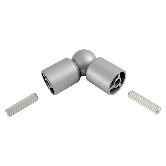 Codo de 90º a 180º para pasamanos Gris - Diámetro: 40 mm, Aluminio - Pieza de junta plateada con dos cilindros y dos pasadores para muebles o construcciones.