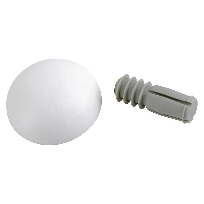 Tapa de acabado para pasamanos - Aluminio, Blanco - Primer plano de una bola de poliestireno blanca y un taco de pared gris sobre un fondo blanco.