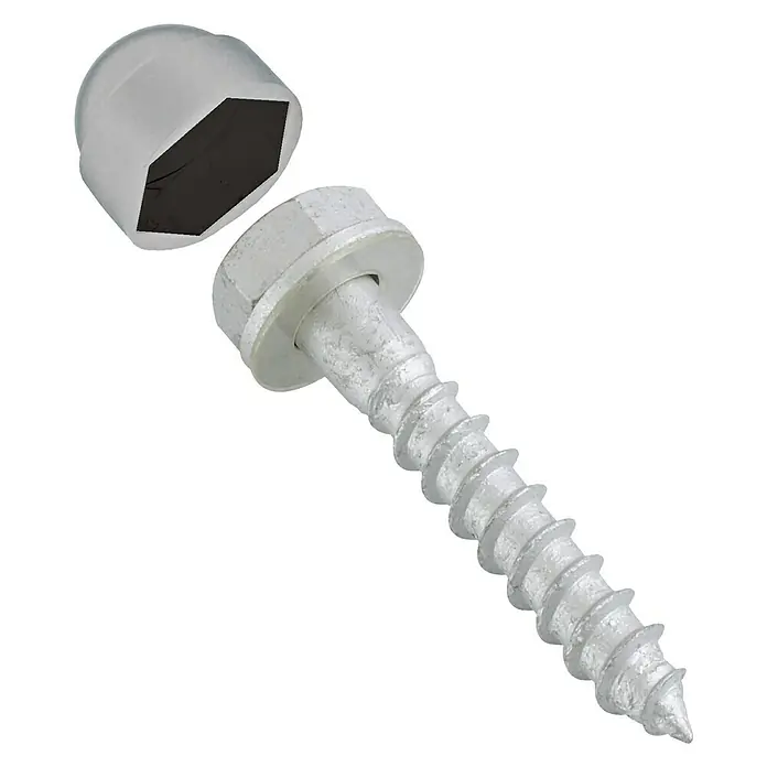 Tornillo autorroscante Gris suelo de madera - 10 x 70 mm, Acero - Un tornillo autorroscante de color plateado con una tapa de cabeza hexagonal para una solución de fijación segura y estéticamente agradable.