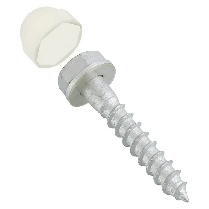 Tornillo autorroscante Blanco suelo de madera - 10 x 70 mm, Acero - Primer plano de un tornillo de cabeza hexagonal de acero galvanizado con una cubierta de plástico blanca, que ofrece protección adicional y un aspecto limpio.