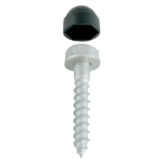 Tornillo autorroscante Negro suelo de madera - 10 x 70 mm, Acero - Primer plano de un tornillo con una tapa negra. El tornillo es de color plateado y tiene una cabeza hexagonal.