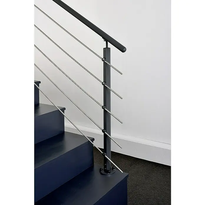 Poste de fijación plana para barandilla - 55 mm x 35 mm x 1,12 m, Negro - Barandilla metálica de escalera con un diseño elegante y moderno. Los cables de acero inoxidable le dan un toque de estilo.