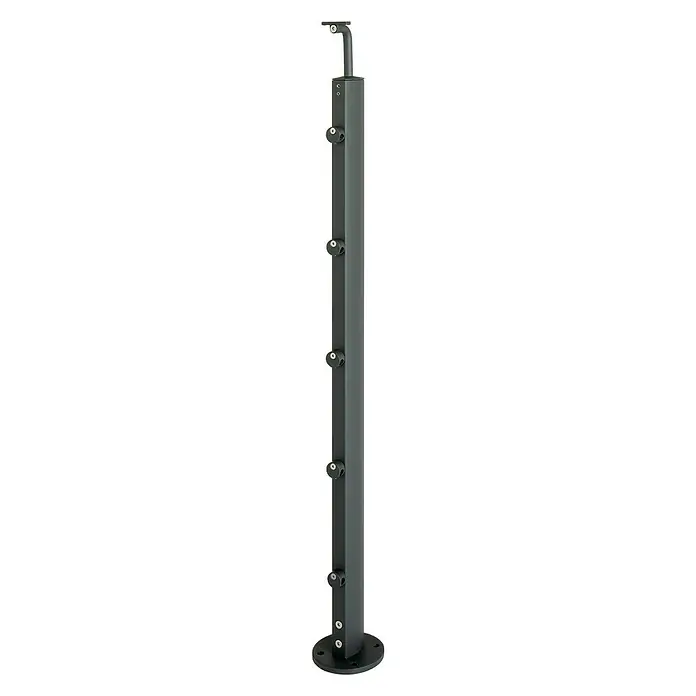 Poste de fijación plana para barandilla - 55 mm x 35 mm x 1,12 m, Negro - Imagen de un poste de barandilla negro con múltiples soportes para cables de barandilla, montado sobre una base redonda.