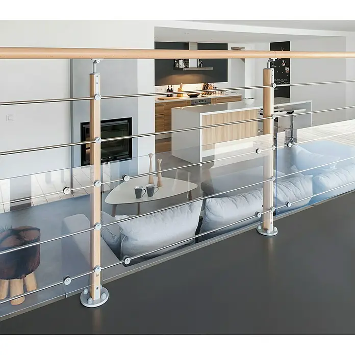 Panel protector para baranda - Transparente, 94 cm x 47 cm x 4 mm - Diseño de barandilla moderno con pasamanos de madera y cables de acero inoxidable para interiores elegantes.