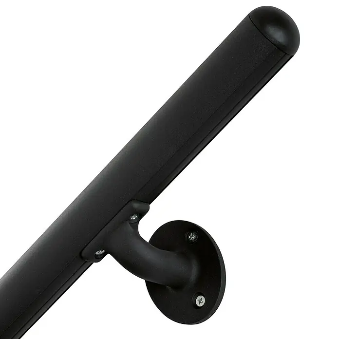 Juego de pasamanos Inoline - Negro, Largo: 2 m - Esta imagen muestra una elegante barandilla negra sujeta a la pared, con un diseño moderno y elegante para mayor seguridad.